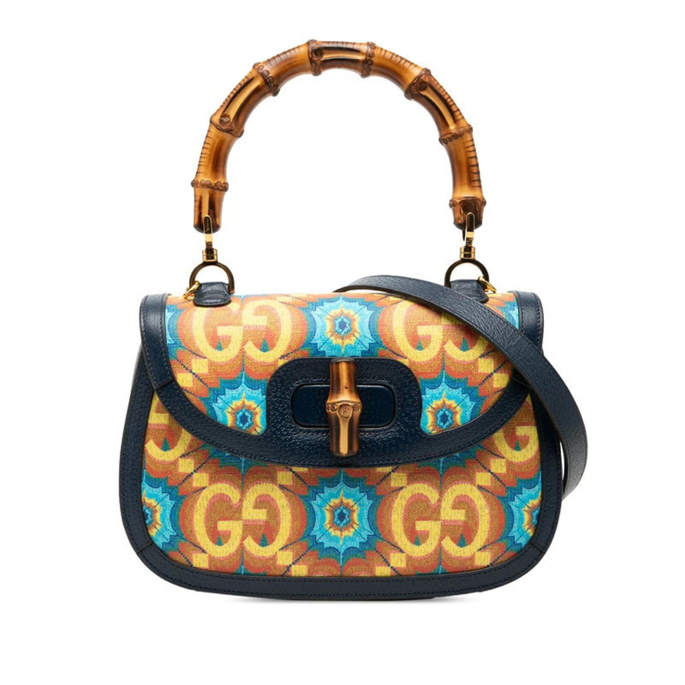 Gucci Bamboo Anniversary 2way Shoulder Bag Navy Blue Multicolor Leather